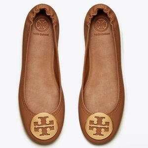 Tory Burch Minnie Travel Leather Ballet Flats Royal Tan and Gold size 6.5